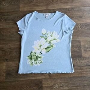 Vintage Baby Tee with Floral Print – Light Blue Y2K Lettuce Hem Top